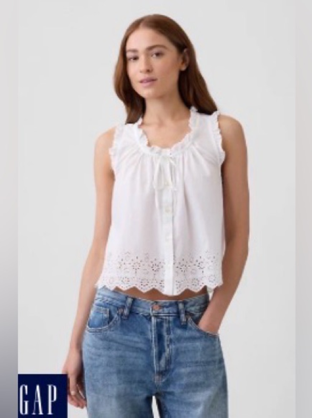 White Eyelet Ruffle Tie-Front Sleeveless Blouse